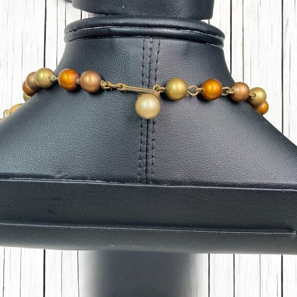 Faux Pearl & Shell Statement Bib Estate Necklace Gold Rust Orange Cream 17"L - Picture 3 of 4